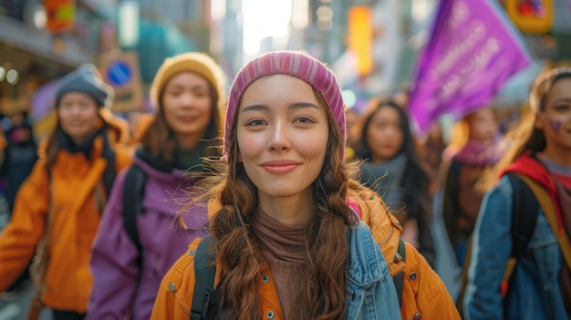 Mulheres protestando por direitos no dia da mulher