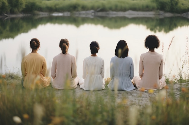 Foto grátis mulheres sentadas à beira do lago