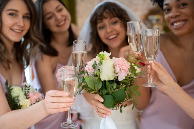 Mulheres sorridentes comemorando o noivado