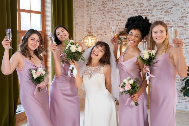 Mulheres sorridentes de tiro médio comemorando o noivado
