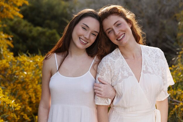 Mulheres sorridentes de tiro médio posando ao ar livre