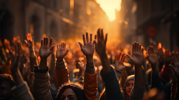 Multidão de pessoas levantando as mãos no ar em um festival de música