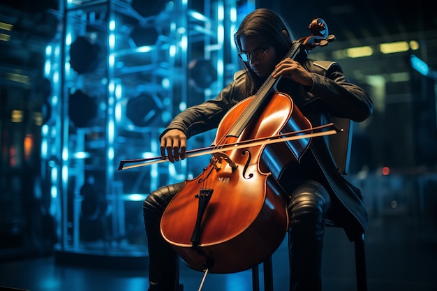 Músico futurista fazendo música com um instrumento