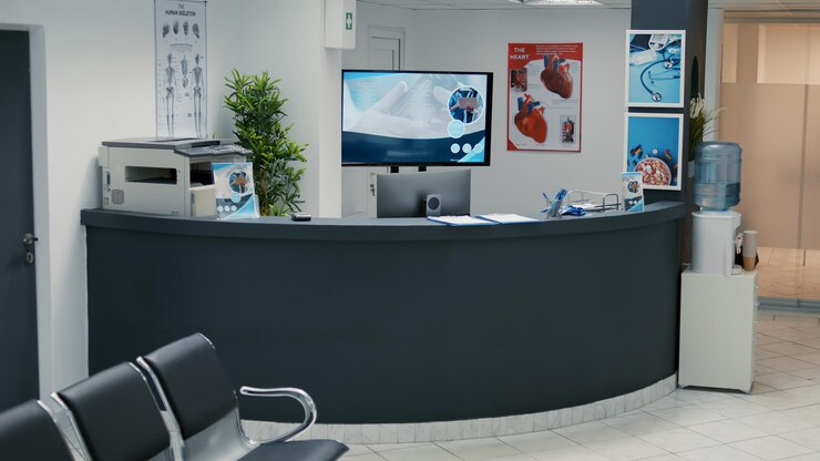Foto grátis não há pessoas na sala de espera vazia no centro clínico com balcão de recepção, sala de espera com assentos para iniciar a consulta de check-up. exame médico com médico no saguão do hospital.