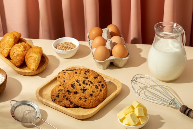 Foto grátis natureza morta com comida de padaria apetitosa