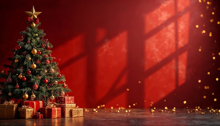 Foto grátis natureza morta de árvore de natal com decoração com espaço de cópia