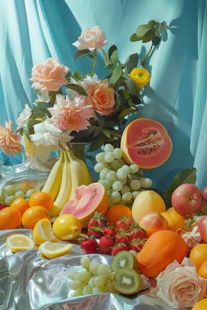 Foto grátis natureza morta de frutas em toalha de mesa