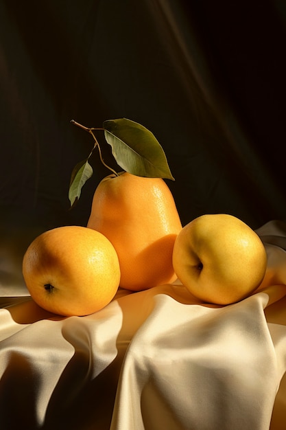 Foto grátis natureza morta de frutas em toalha de mesa