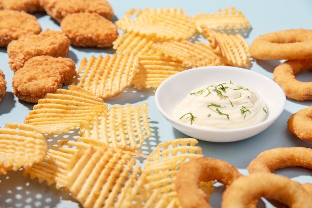 Natureza morta de pratos de fast food