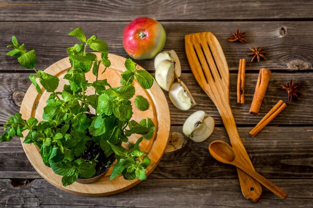 naturezas mortas de utensílios de madeira com hortelã e maçãs