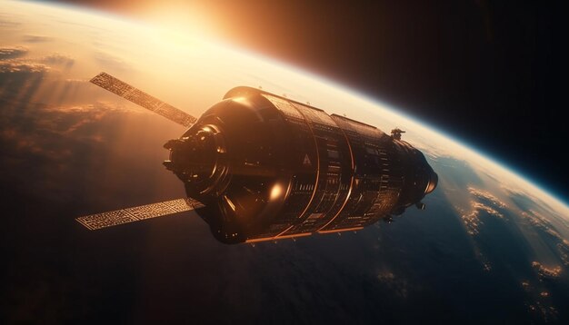 Foto grátis nave espacial futurista orbita o planeta na galáxia alimentada por tecnologia avançada gerada por ia