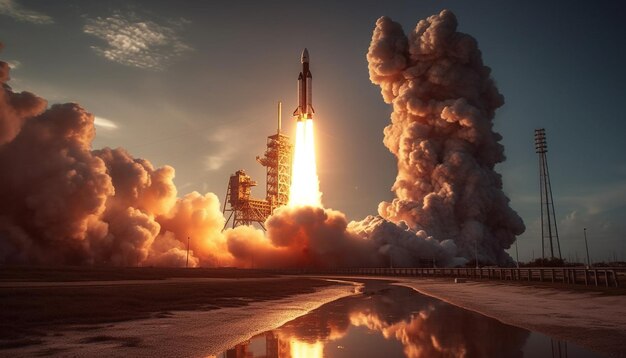Foto grátis nave espacial futurista viaja pela galáxia ao entardecer gerada por ia