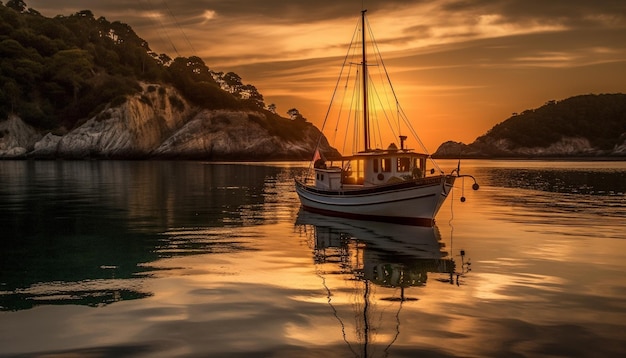 Foto grátis navio náutico navega ao anoitecer refletindo o tranquilo pôr do sol na água gerada pela inteligência artificial