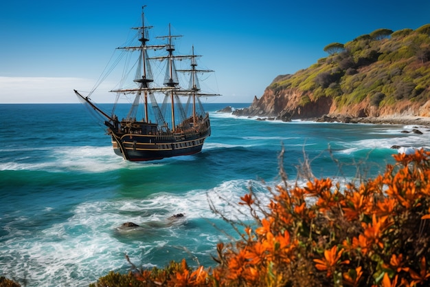 Navio pirata navegando no mar
