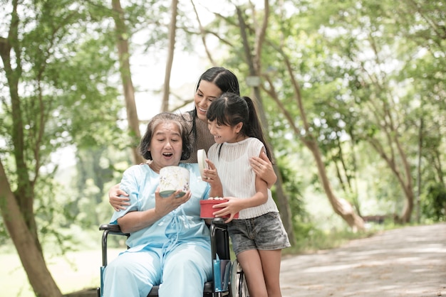 Foto grátis neta tem surpresa para a avó sentada na cadeira de rodas.