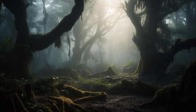 Foto grátis névoa assustadora envolve o mistério da paisagem escura da floresta de outono gerada pela ia