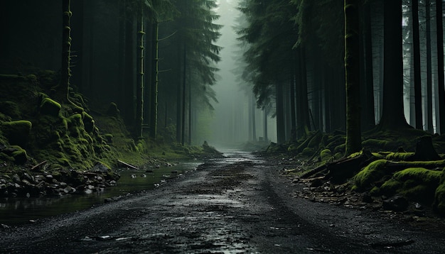 Foto grátis névoa misteriosa cobre floresta escura, folhas molhadas, beleza tranquila da natureza gerada pela inteligência artificial