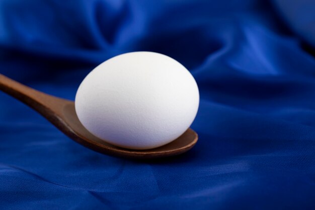 Único ovo cru com colher de pau em pano de cetim azul.