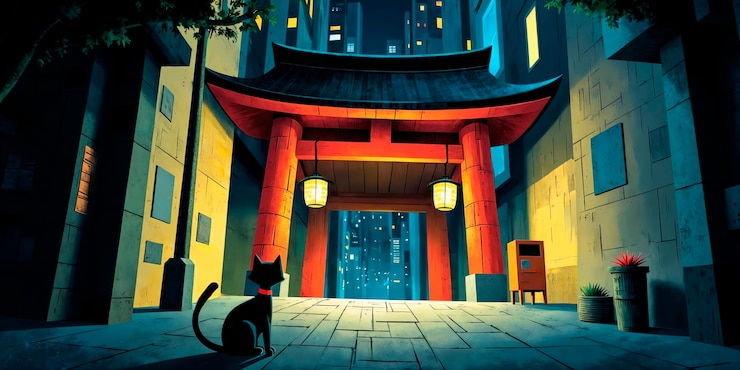 Foto grátis nighttime scene of a black cat in front of a japanese torii gate