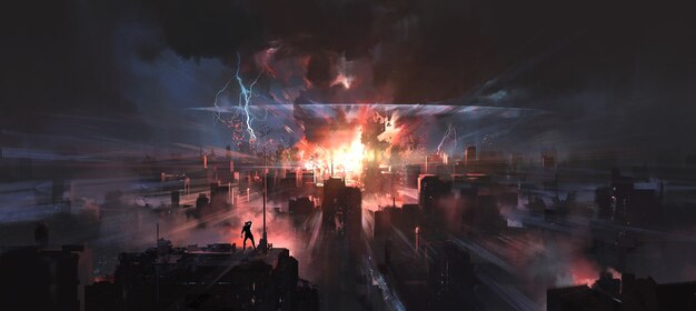 No momento em que a cidade foi atingida por uma bomba nuclear, pintura digital.