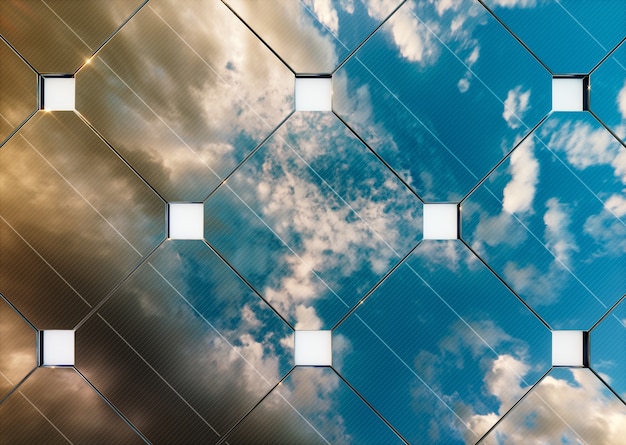 Noite de reflexão de céu nublado no painel solar. renderização 3d.