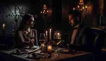 Foto grátis noite romântica com vinho compartilhado e luz de velas gerada por ia