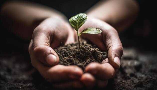 Nova vida começa com mão humana plantando sementes geradas por IA