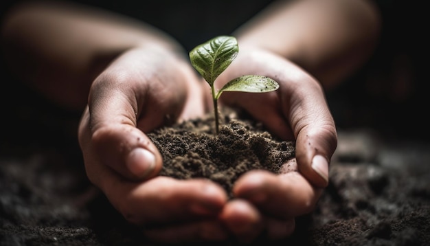 Nova vida começa com mão humana plantando sementes geradas por IA