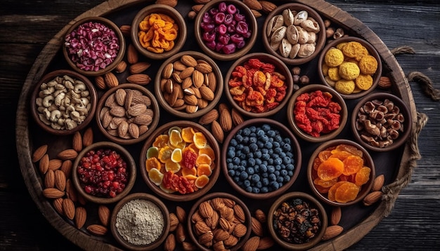 Foto grátis nozes e especiarias de frutas de coleta de lanche saudável geradas por ia