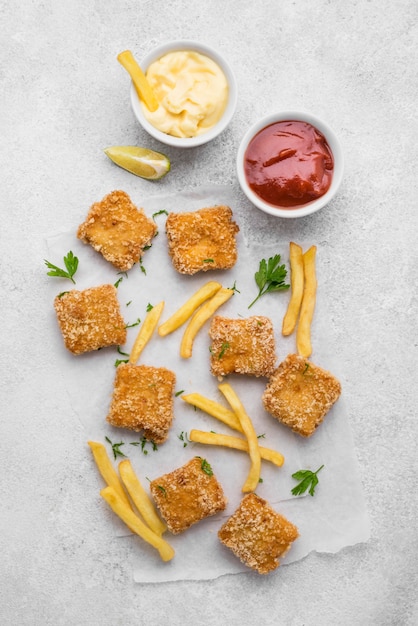 Nuggets de frango frito com molhos e batatas fritas