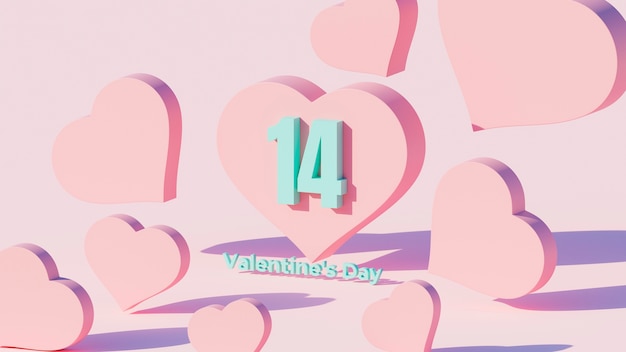 Número 14 para dia dos namorados com corações 3d