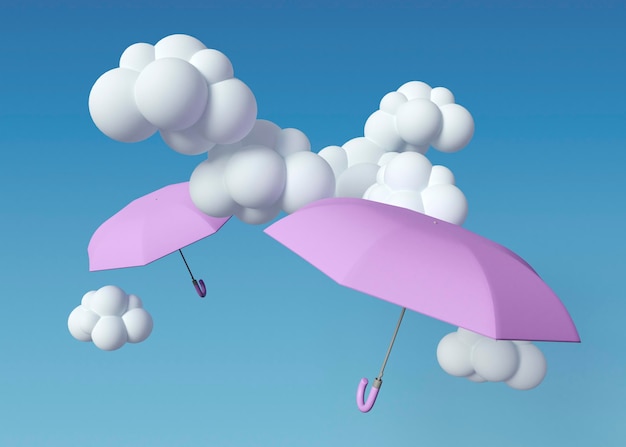 Nuvens brancas 3D e guarda-chuvas
