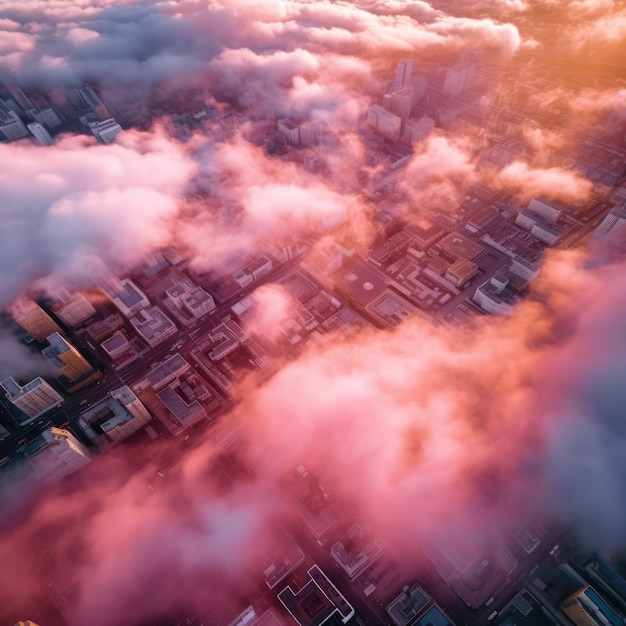 Nuvens de estilo fantasia com cidade