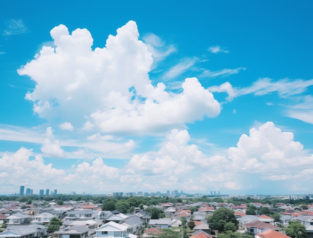 Nuvens e cidade de estilo fotorrealista