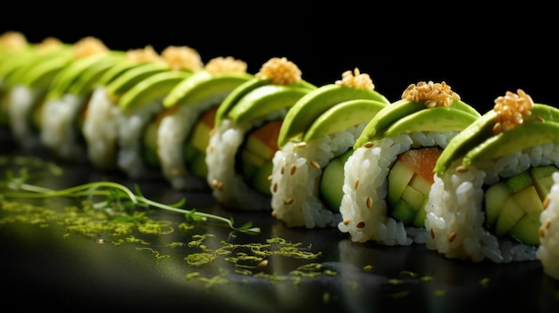 Foto grátis o abacate verde exuberante está no topo da fileira de rolos de sushi bem dispostos