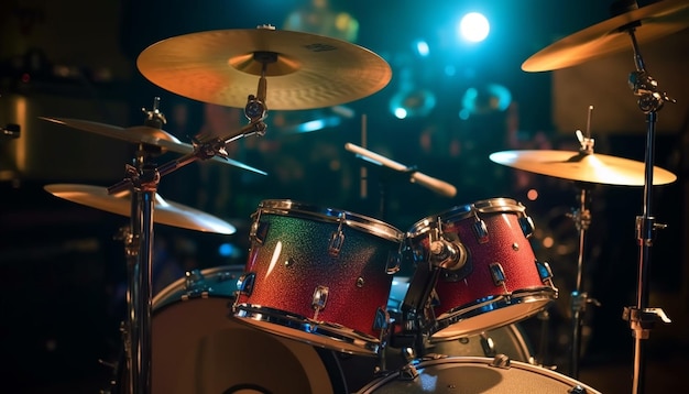 O baterista toca habilmente uma bateria de metal no palco com ia generativa