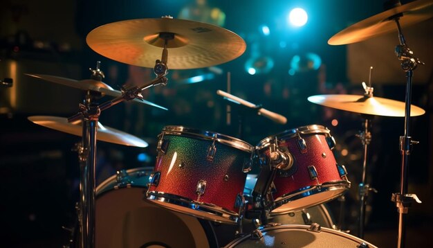 O baterista toca habilmente uma bateria de metal no palco com IA generativa