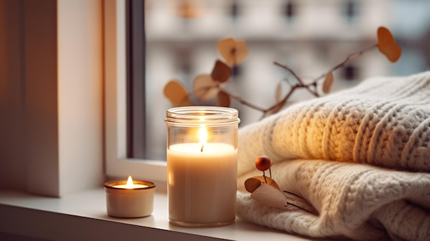 Foto grátis o calor de hygge retratado por um suéter branco e velas em uma janela