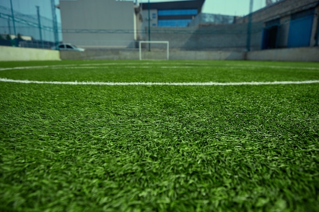 O campo de futebol vazio e grama verde