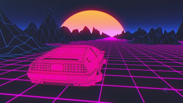 O carro cyberpunk no estilo dos anos 80 se move em uma paisagem virtual de neon. renderização 3d.