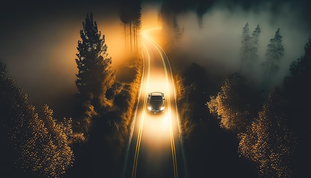 O carro está dirigindo na estrada à noite na floresta