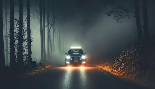 O carro está dirigindo na estrada à noite na floresta