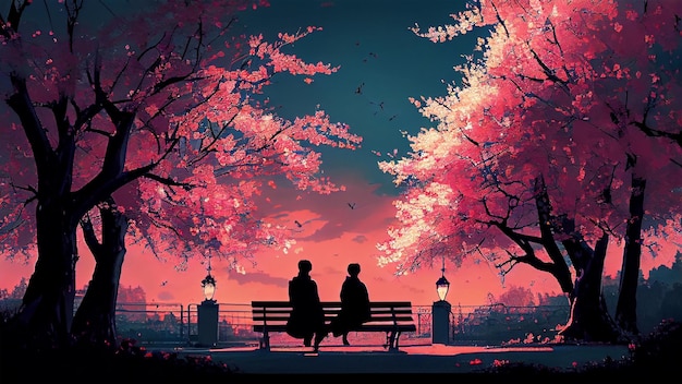 Foto grátis o casal mostrado em silhueta senta-se no banco sob a ia generativa da árvore de outono