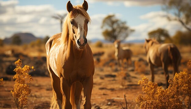 Foto grátis o cavalo a pastar no prado a beleza do pôr-do-sol destaca a tranquilidade da natureza gerada pela inteligência artificial