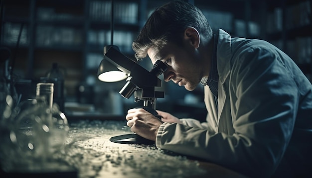 O cientista com experiência em biotecnologia está examinando dentro de casa equipamentos gerados por ia