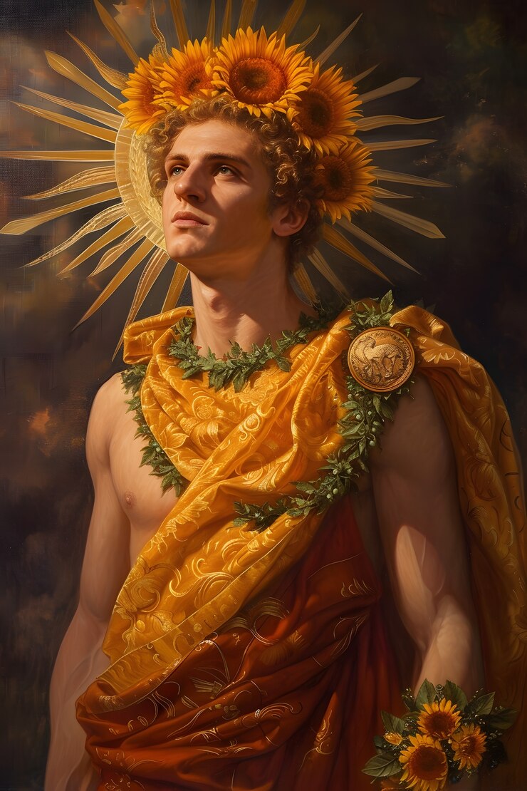 Foto grátis o deus-sol retratado como um homem poderoso em um cenário renascentista