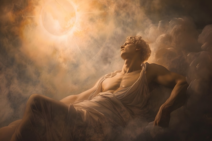 Foto grátis o deus-sol retratado como um homem poderoso em um cenário renascentista