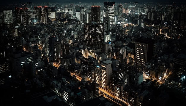 O distrito financeiro da cidade brilha no crepúsculo azul gerado pela IA