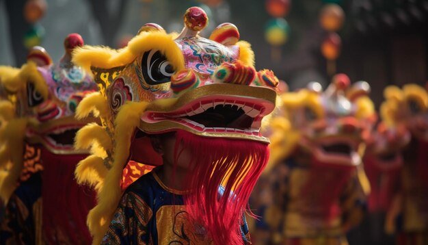 O dragão multicolorido dança através do tradicional desfile chinês gerado pela IA