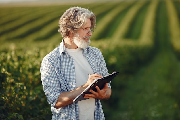 Foto grátis o fazendeiro examina o campo. agrônomo ou fazendeiro examina o crescimento do trigo.